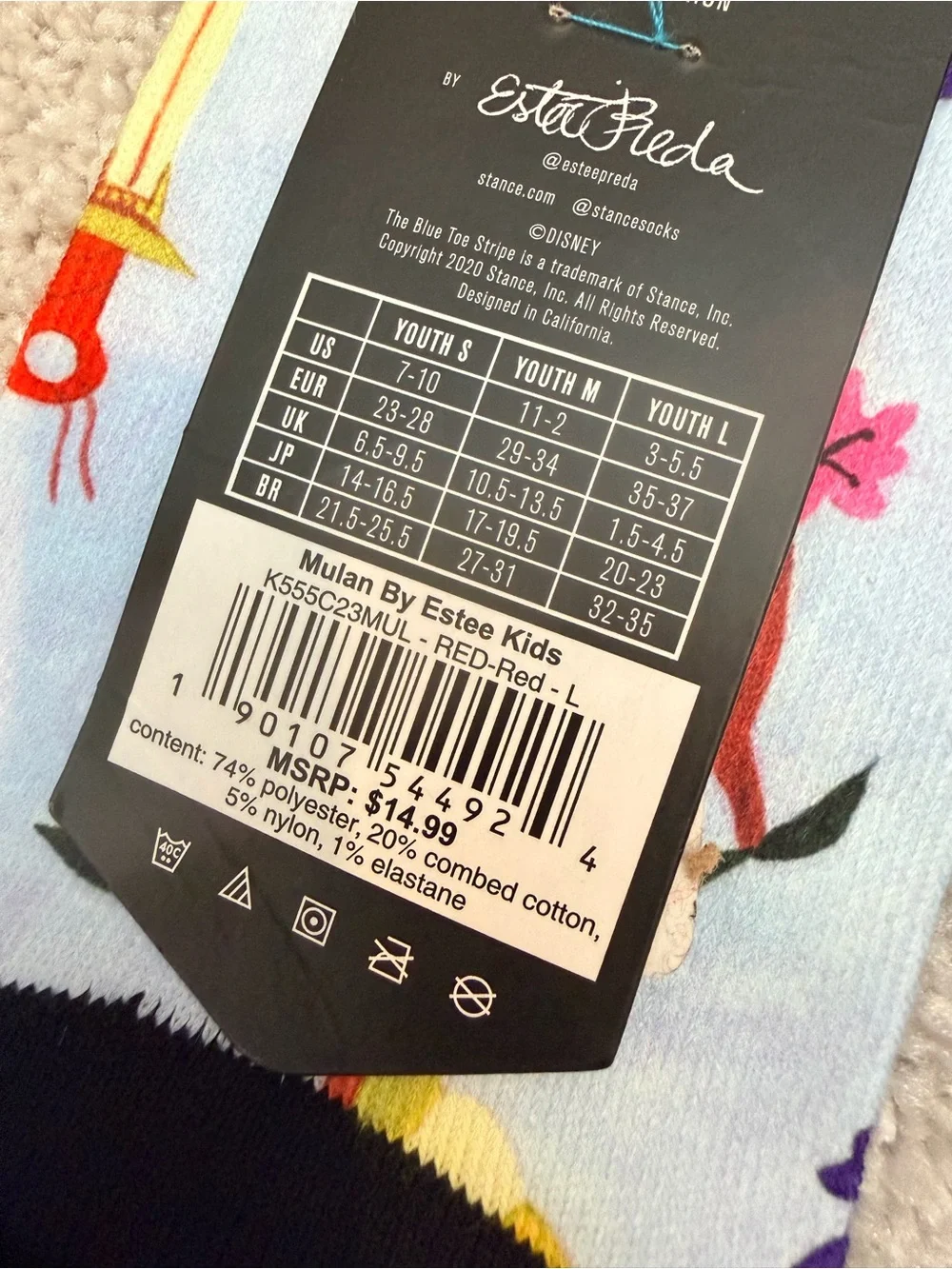 NWT Stance Kids Disney 100 Mulan Theme Crew Socks, size Large (Y 3-5.5)